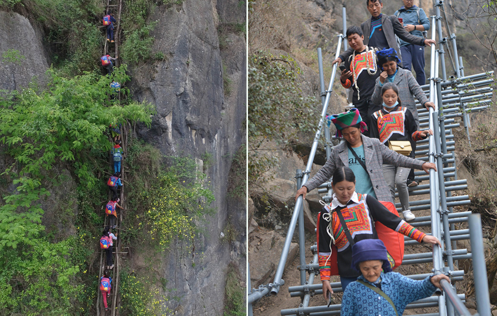 “懸崖村”今昔對(duì)比：左圖為2016年5月14日，孩子們?cè)诩议L(zhǎng)保護(hù)下攀爬木梯回家。右圖為2020年5月13日，昭覺(jué)縣支爾莫鄉(xiāng)阿土列爾村村民帶著行李通過(guò)鋼梯下山，搬遷至易地扶貧集中安置點(diǎn)的新家。
